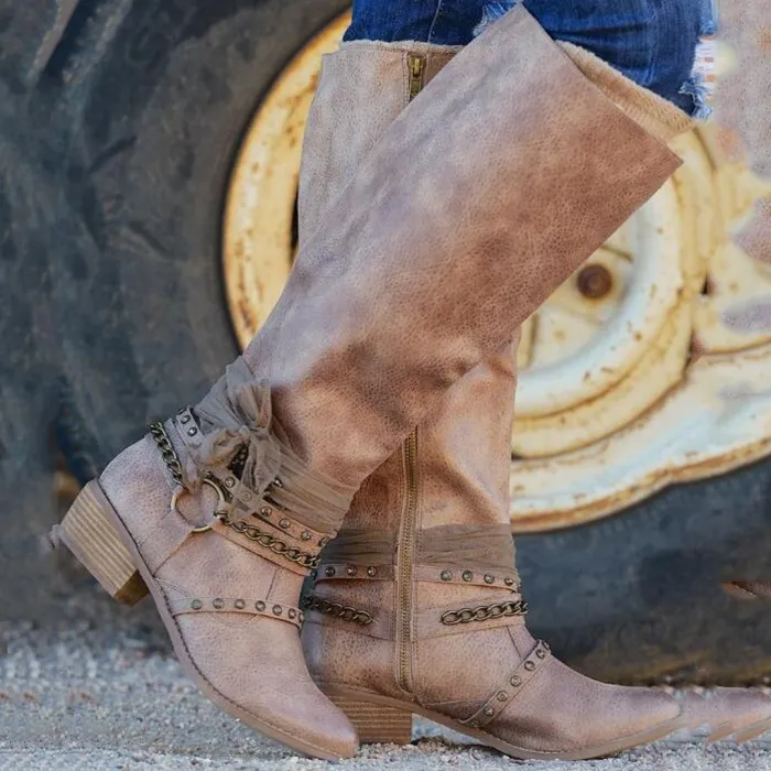 Winter Vintage Chunky Heel Buckle Strap Boots