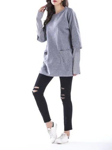 Crew Neck Long Sleeve Solid Casual Paneled Plus Size Hoodie