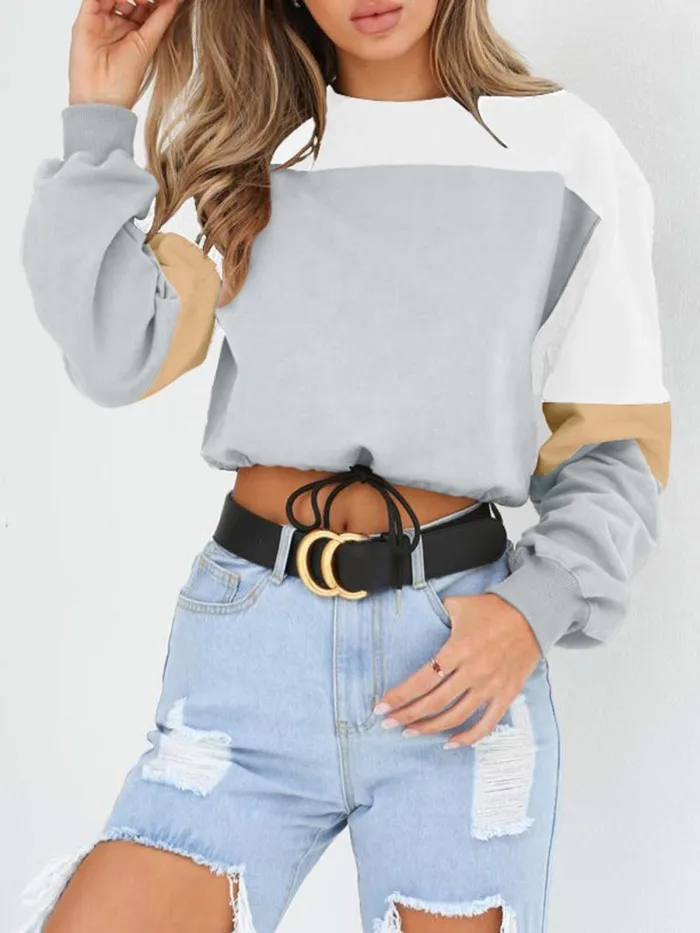 Long Sleeve Casual Color-block Crew Neck Plus Size Blouse