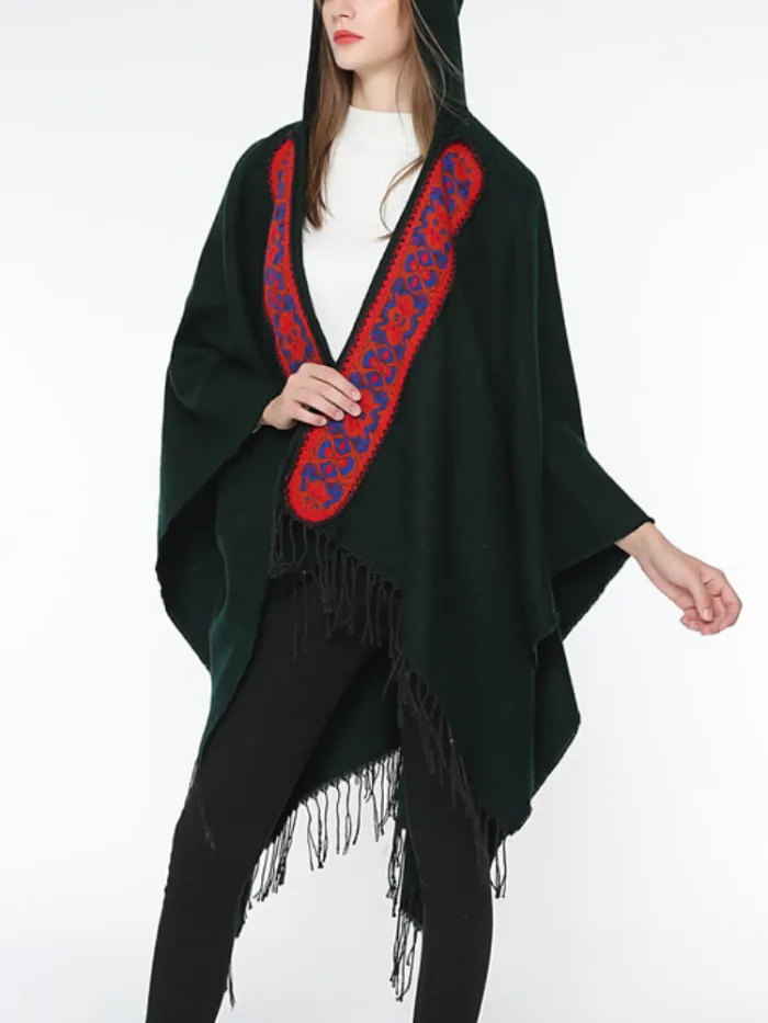 Hoodie Solid Vintage Paneled Winter Cardigans Wool Blend  Woven Cape