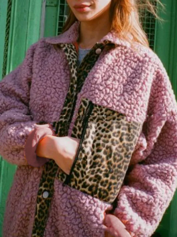 Leopard Print Side Zipper Pocket Paneled Woven Lapel Holiday Coat