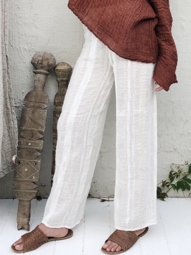 White Linen Solid Casual Pants