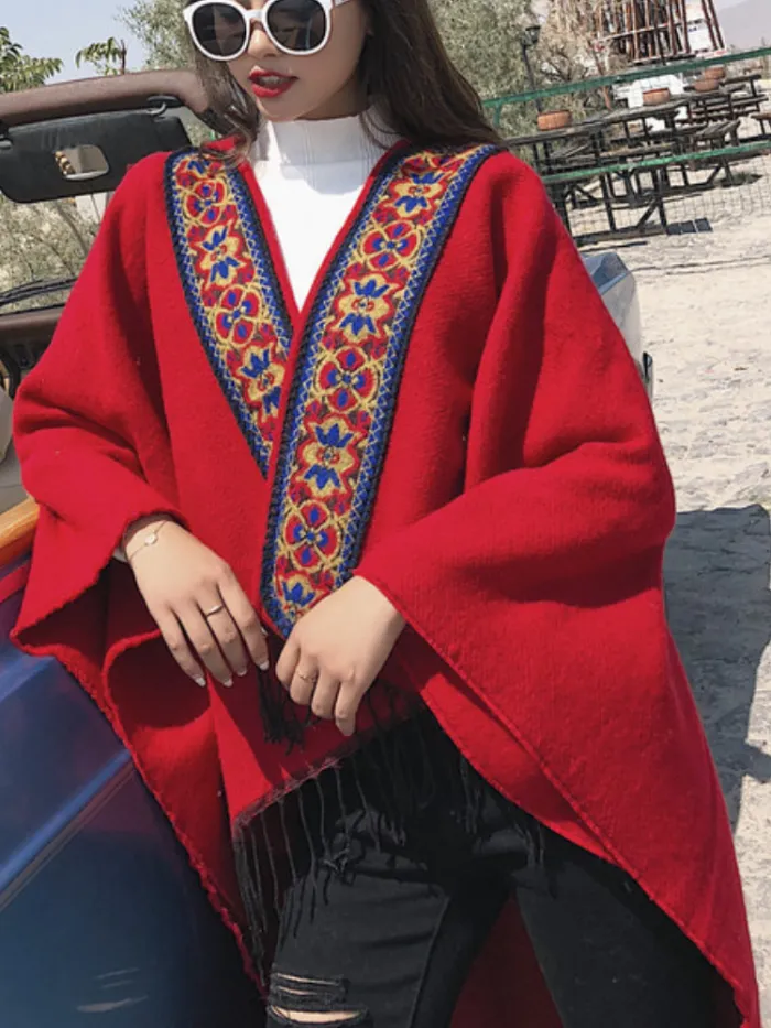 Hoodie Solid Vintage Paneled Winter Cardigans Wool Blend  Woven Cape