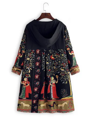 Womens Folk Style Print Hooded Irregular Frog Button Vintage Coats