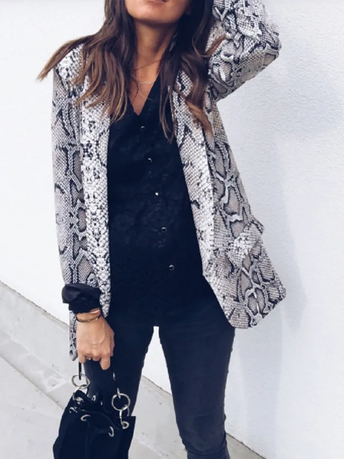 Vintage Lapel Long Sleeve Animal Snake Printed Blazers
