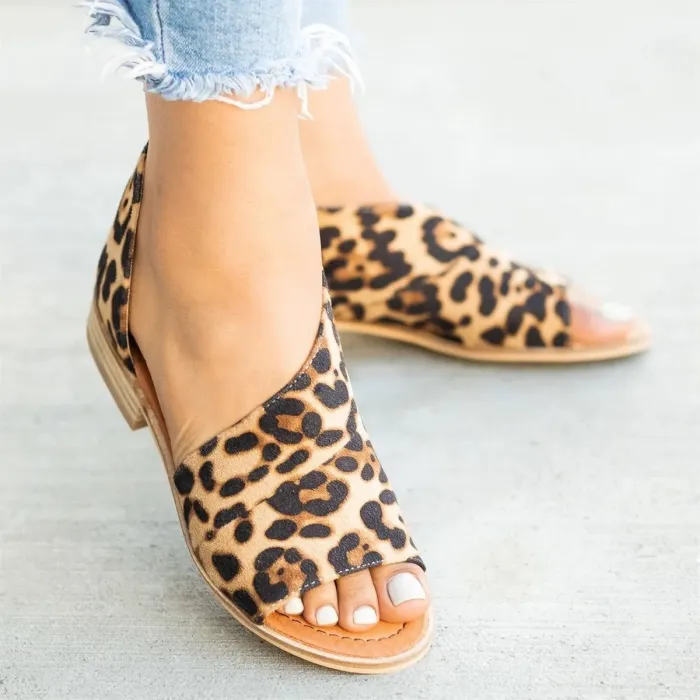Peep Toe Side-cut Style Stacked Heel Flats