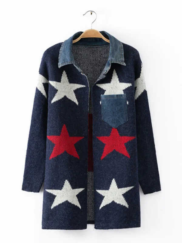 Star Wool Blend Patchwork Pockets Long Sleeve Cardigans
