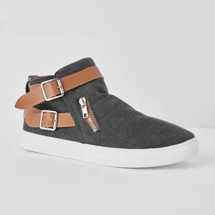 Plus Size Canvas Ankle Boots Flat Heel Buckle Booties with Zipper