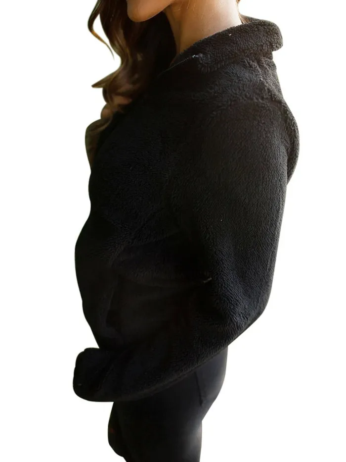 Lapel Solid Color Zipper Slim Fleece Jacket