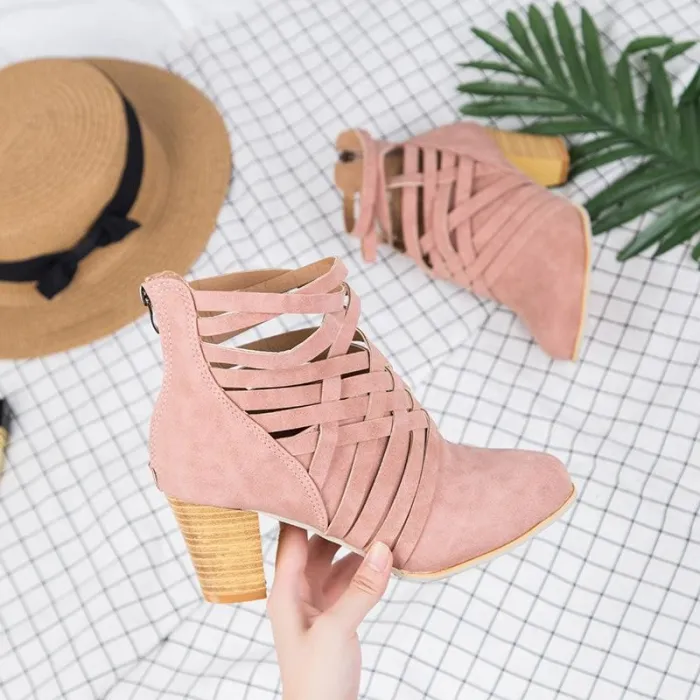 Weave Zipper Casual Chunky Heel Suede Boots