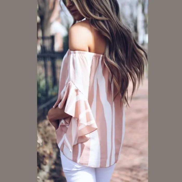 Off Shoulder Striped Batwing Sleeve Blouses
