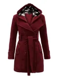 Women Double Breasted Slim Hoodie Solid Casual Long Pea Coat with Belt