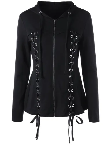 Criss-cross Lace Hoodie Vintage Cotton Appliqued Coat