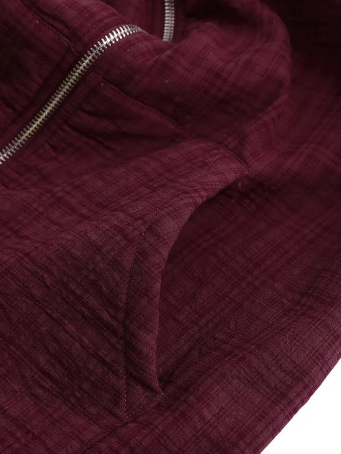 Wine Red Hoodie Zipper Solid Casual Coats