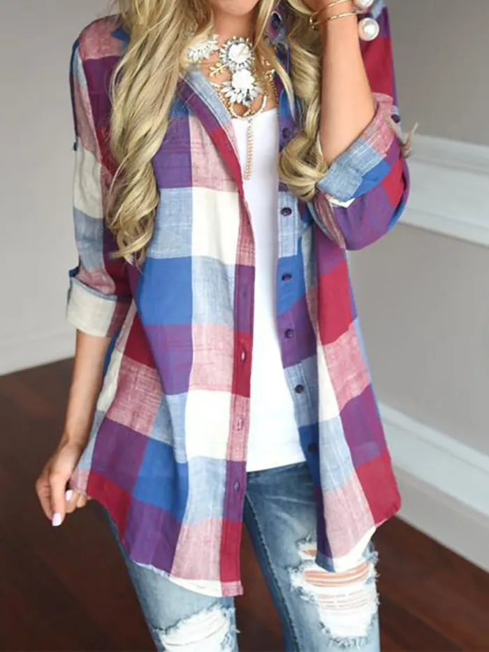 Casual Cotton Shirt Collar Gingham Blouse