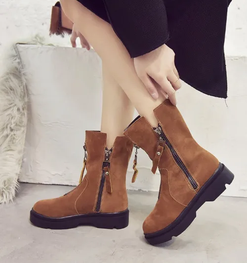 Women Date Low Heel Winter Boots Suede Platform Zipper Booties