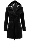 Women Double Breasted Slim Hoodie Solid Casual Long Pea Coat with Belt