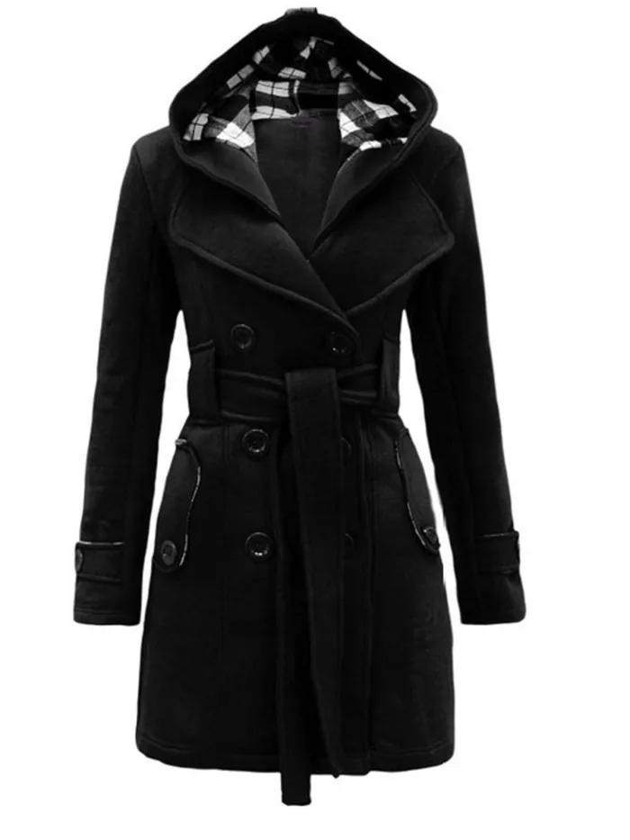 Women Double Breasted Slim Hoodie Solid Casual Long Pea Coat with Belt
