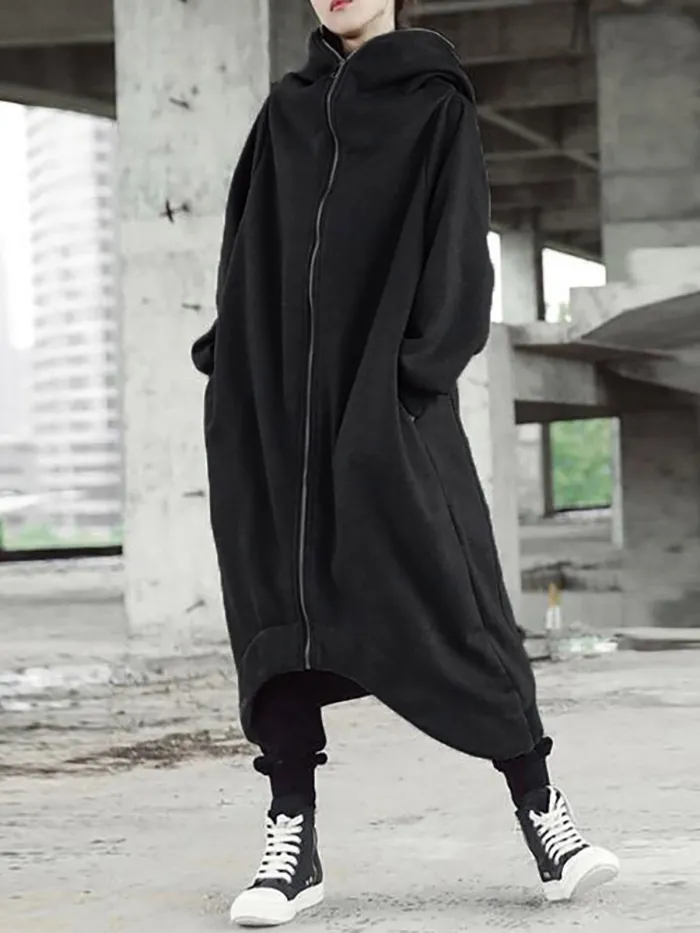 Hooded Long Sleeve Zip Irregular Long Coat