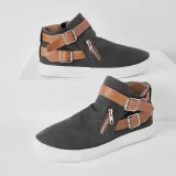 Plus Size Canvas Ankle Boots Flat Heel Buckle Booties with Zipper