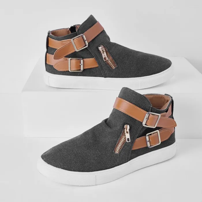 Plus Size Canvas Ankle Boots Flat Heel Buckle Booties with Zipper