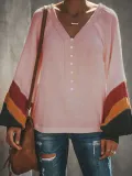 Paneled V Neck Bell Sleeve Casual Blouse&shirts