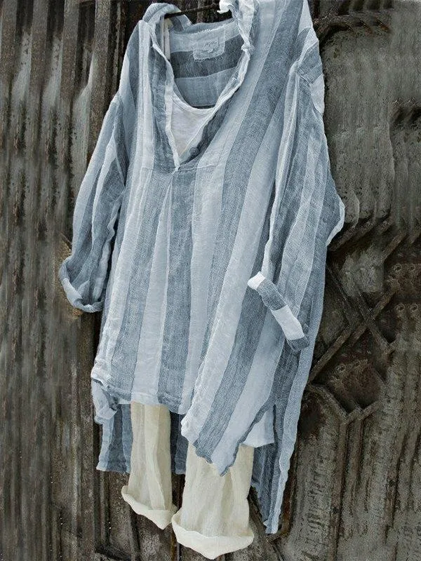 Casual V-Neck 3/4 Sleeve Striped Plus Size Bat Sleeve Tops