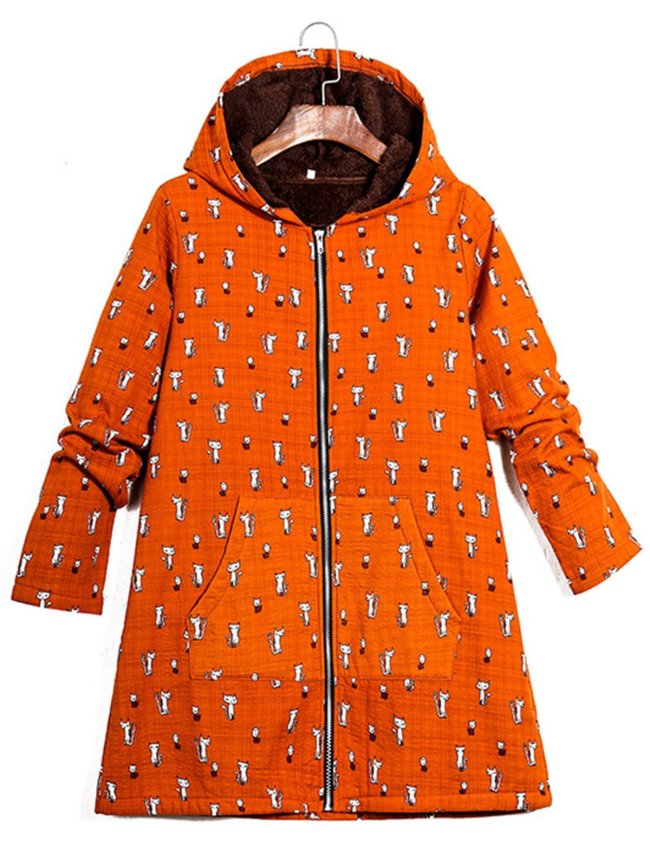 Cat Printed Hoodie Coat