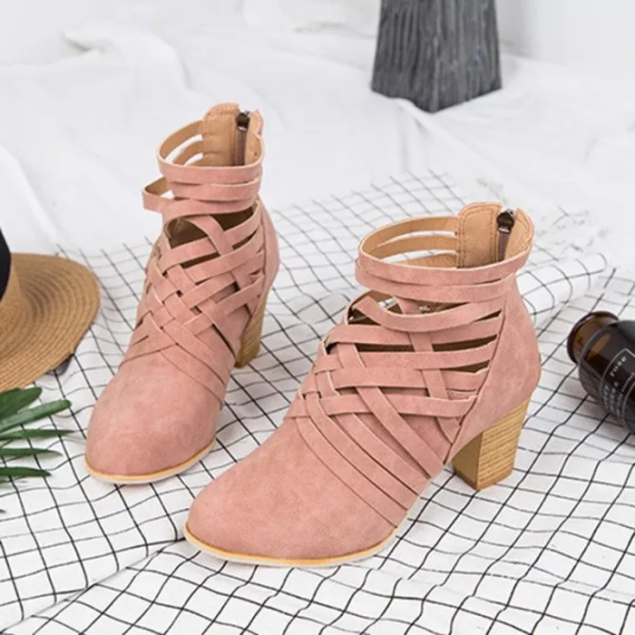 Weave Zipper Casual Chunky Heel Suede Boots