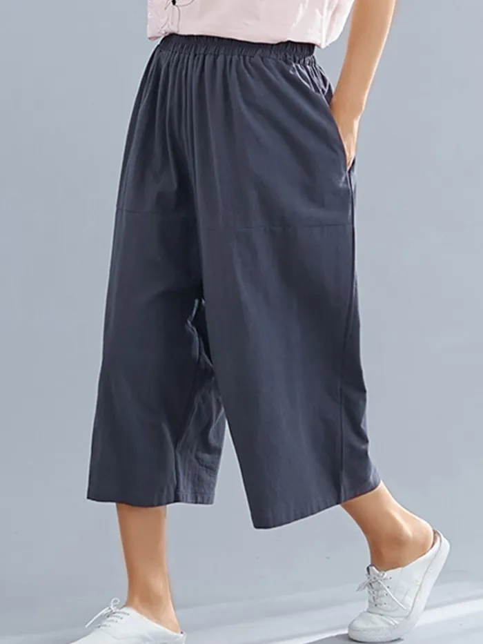 Plus Size Women Cotton And Linen Solid Loose Casual Wide Leg Pants