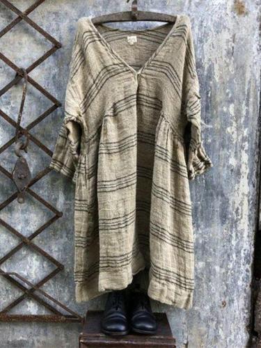 Casual Linen V-Neck 3/4 Sleeve Striped Plus Size Bat Sleeve Tops