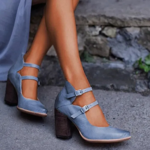 Women Casual Vintage Chunky Heel Buckle Sandals