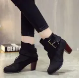 Coffee Plus Size Spring/Fall Adjustable Buckle Suede Chunky Heel Boots