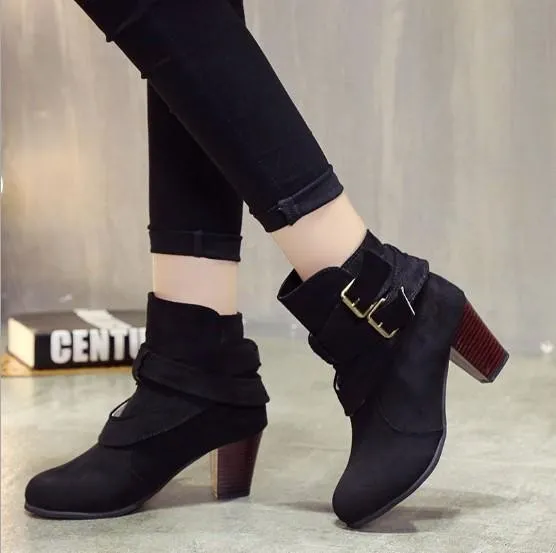 Coffee Plus Size Spring/Fall Adjustable Buckle Suede Chunky Heel Boots