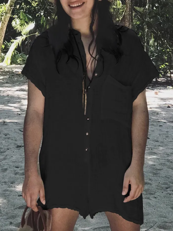 Plus Size Casual Solid V Neck Short Sleeve Pockets Suits