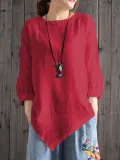 Women Cotton Crew Neck Casual Blouses Shirt