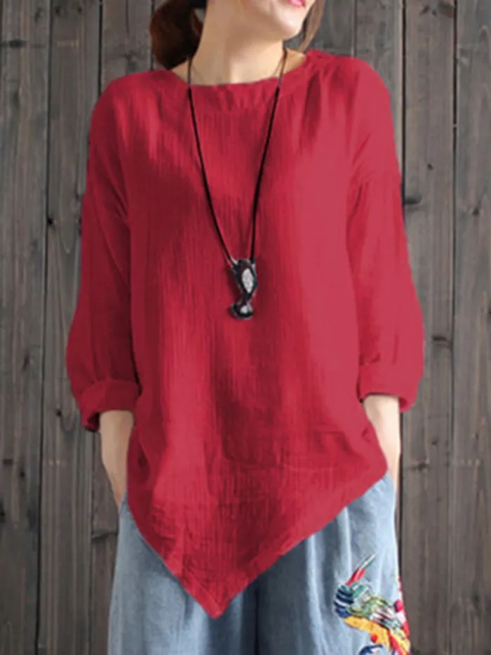 Women Cotton Crew Neck Casual Blouses Shirt