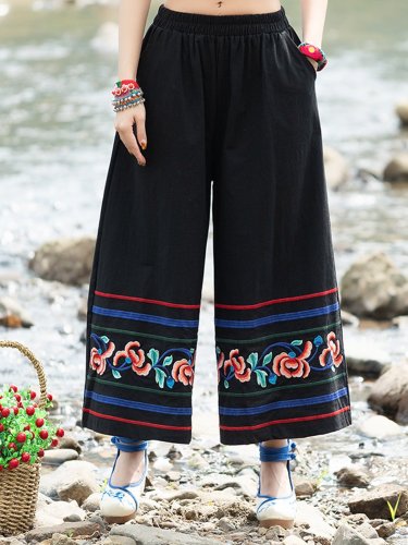 Cotton And Linen Embroidered Wide Leg Pants With Pockets