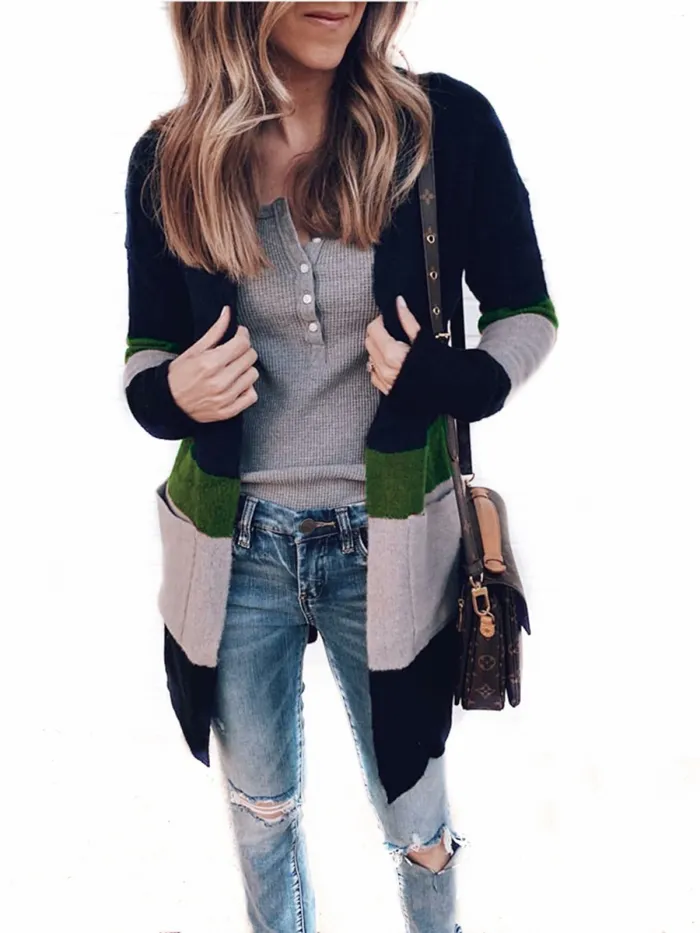 Long Sleeve Color-Block Striped Cardigans