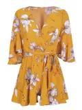 Women Chiffon Overlay Flare Sleee Floral Print Romper Dress