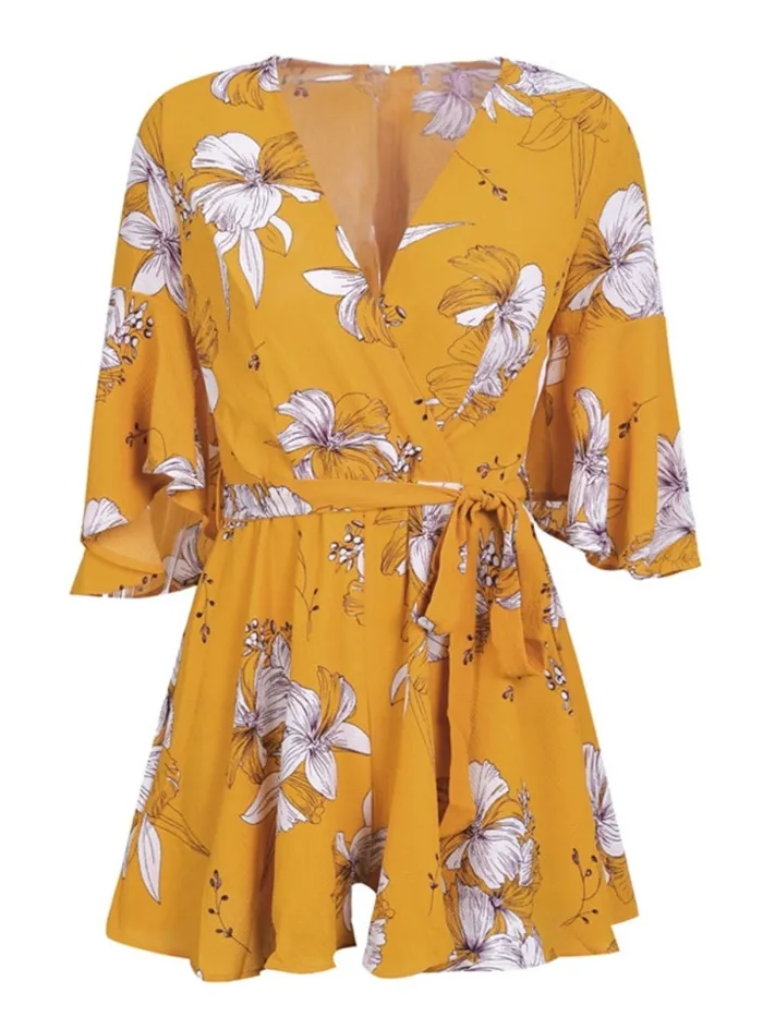 Women Chiffon Overlay Flare Sleee Floral Print Romper Dress