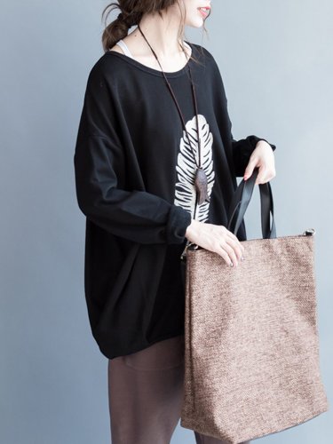 H-line Casual Batwing Feather Print Sweatshirt