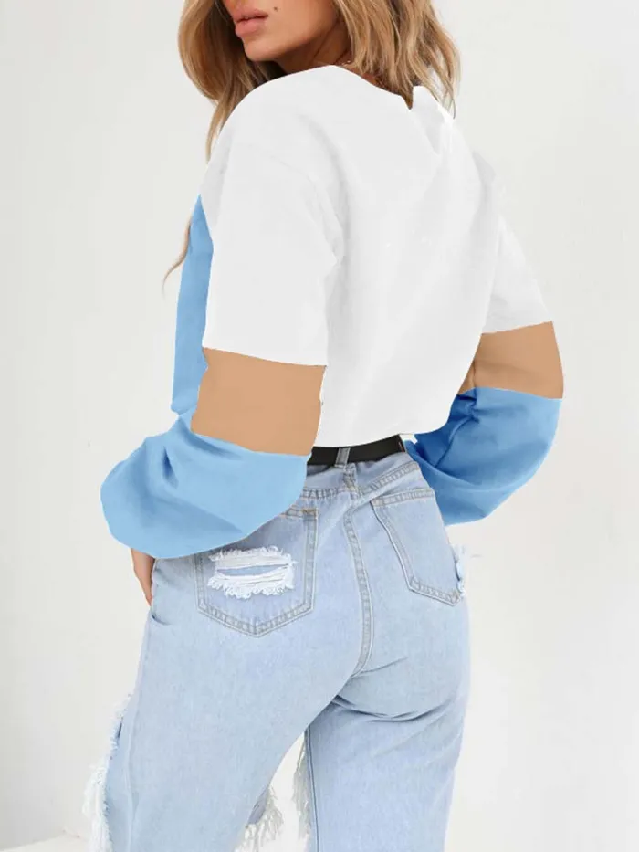 Long Sleeve Casual Color-block Crew Neck Plus Size Blouse