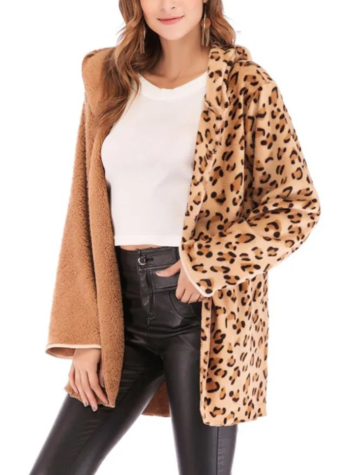 Hooded Loose Fitting Patchwork Leopard Printed Outerwear