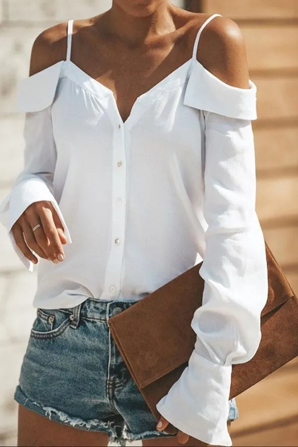 Sexy Off Shoulder Pure Color Long Sleeve Chiffon Strap Shirt
