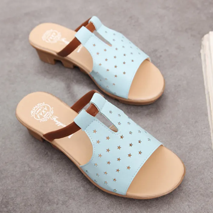 Women Summer Beach Wedge Heel Star Hollow-Out Slippers
