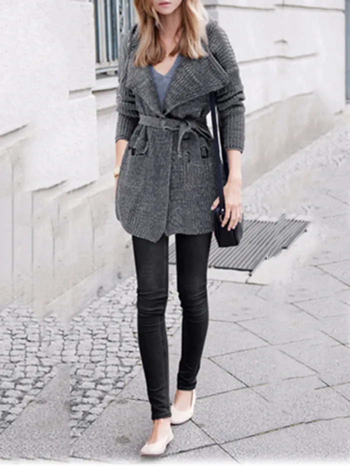 Gray Casual Knitted Solid Shift Outerwear