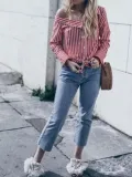 Casual Cold Shoulder Asymmetric Neck Striped Shirt