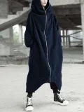 Hooded Long Sleeve Zip Irregular Long Coat