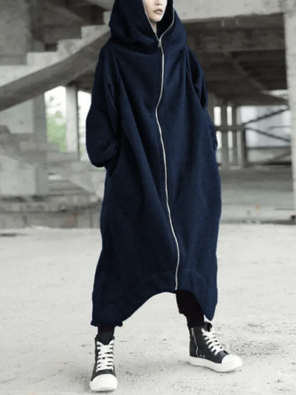 Hooded Long Sleeve Zip Irregular Long Coat